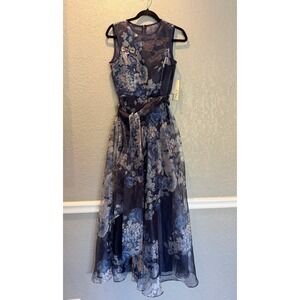 Eliza J Womens Blue Floral Metallic Organza Jumpsuit Formal Dress Sash